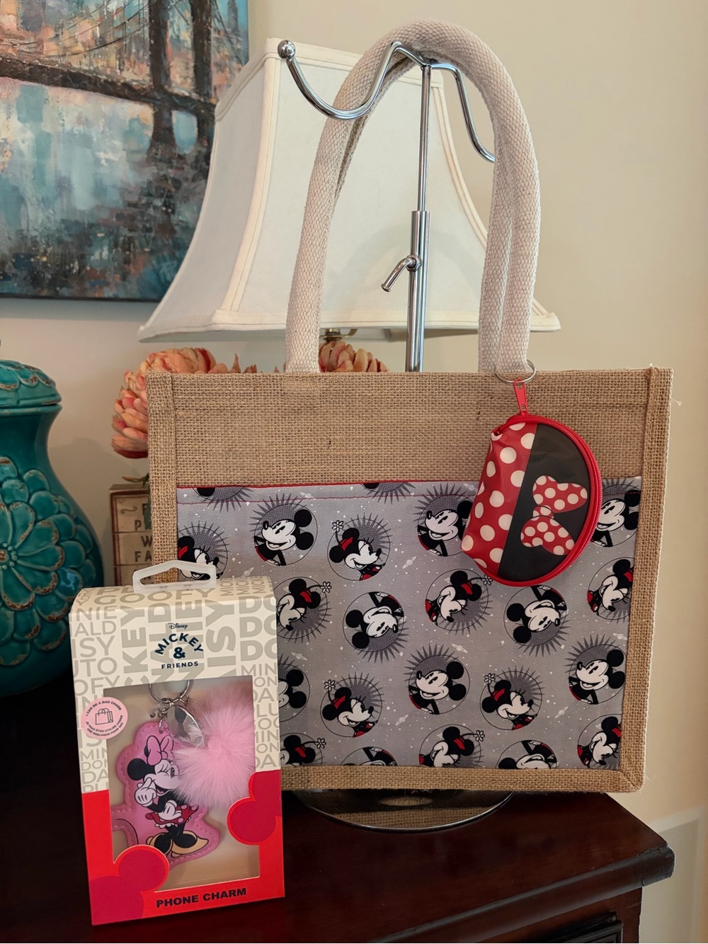 New Mickey and Minnie Mouse 3 piece bundle Jute tote, bag/phone charm, key pouch